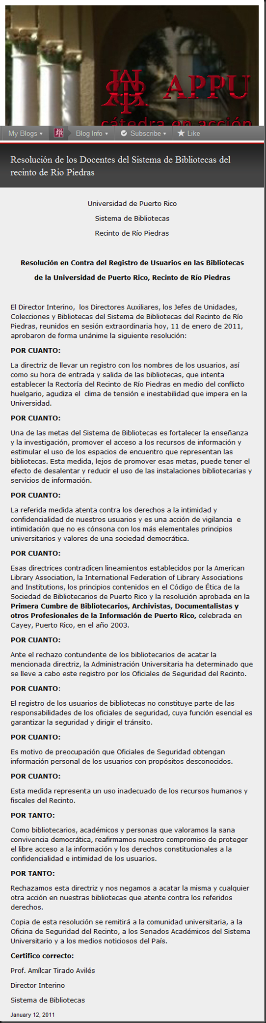 Resolución de los Docentes del Sistema de Bibliotecas del recinto de Rio Piedras « APPU…cátedra en acción